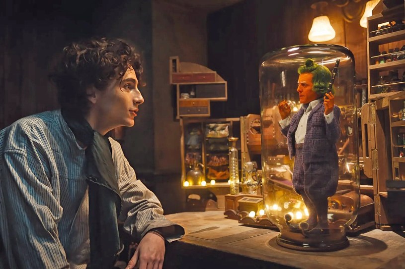Timothée Chalamet and Hugh Grant in a scene from the movie "Wonka"