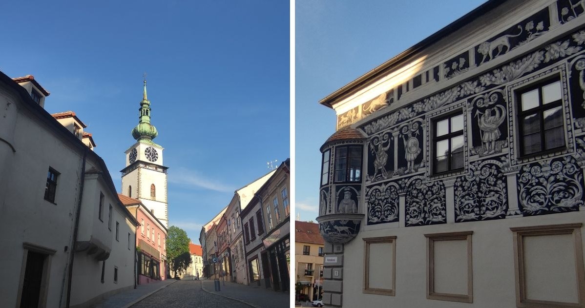 Trzebicz.  On the left: tower of the church of St.  Marcin, on the right: Painted house at the main square / Natalia Grygny / Author's archive